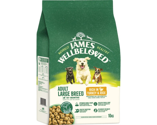 Hundefutter trocken JAMES WELLBELOVED™ Adult Large Breed Turkey & Rice 10 kg, für große Hunde, mit Truthahn, Reis, hypoallergen Hundefutter trocken JAMES WELLBELOVED™ Adult Large Breed Turkey & Rice 10 kg, für große Hunde, mit Truthahn, Reis, hypoallergen