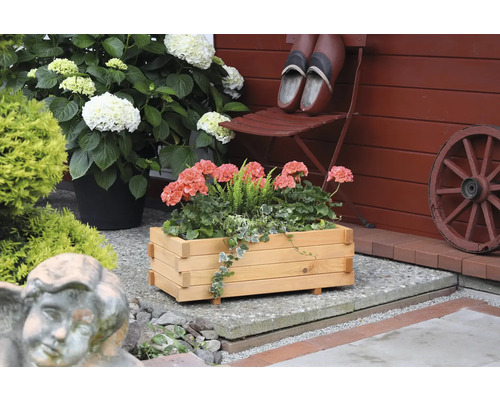 Pflanzkasten „Empoli“ mit Pflanzfolie aus Holz 29 x 59 x 20,5 cm honigfarben Dekorative Holz-Blumenkiste mit Geranien und Grünpflanzen im Garten