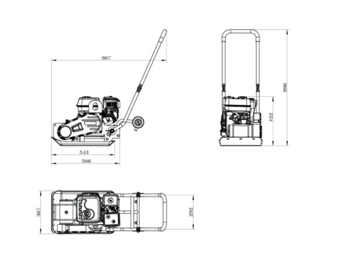 Technische Zeichnung einer Rüttelplatte mit Maßangaben