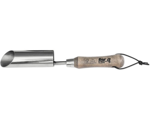 Zwiebelpflanzer vintage for_q Pflanzholz aus Metall mit Holzgriff und for_q Logo