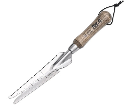 Pflanzkelle aus Edelstahl mit Holzgriff und Tiefenskala