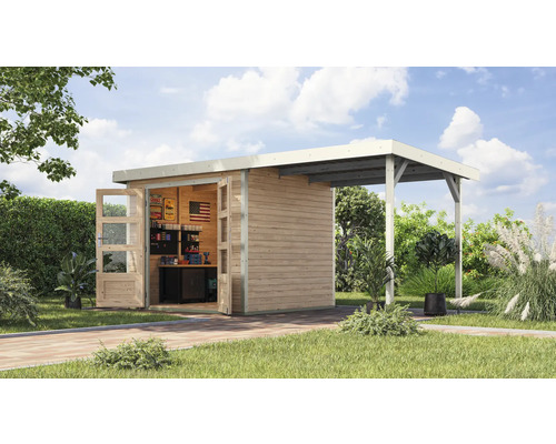 Gartenhaus Karibu Metalwood 3A Blech weiß inkl. Anbaudach 2,35 m 486,5 x 236,5 cm natur