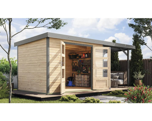 Gartenhaus Karibu Metalwood 4A Blech graualu inkl. Anbaudach 2,35 m 541,5 x 236,5 cm natur