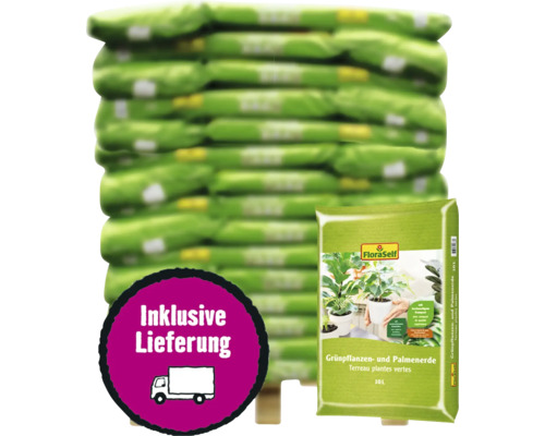 Grünpflanzenerde FloraSelf 60 x10 L (= 0,6 m³) Palette inkl. Lieferung Stapel Grünpflanzen und Palmenerde im 10 Liter Sack mit inklusive Lieferung