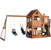 Holzspielplatz mit Schaukeln, Klettergerüst und Spielhaus für Kinder