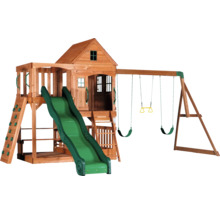 Spielplatz mit Rutsche, Schaukeln und Spielhaus aus Holz