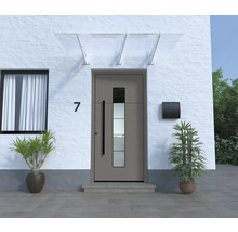 Hauseingang mit Haustür, Briefkasten, Vordach und Topfpflanzen vor weißer Fassade