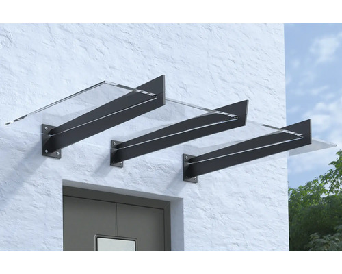 Vordach ARON Pultform Lyon VSG 200x107,5 cm anthrazit ohne Wandanschlussprofil Vordach aus Glas mit Stahlhalterung an einer Hauswand über einer Tür