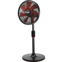 Standventilator mit roten Rotorblättern und schwarzem Schutzgitter