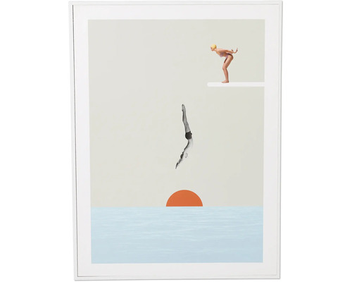 Gerahmtes Dekopanel Retro Springer 30x40 cm Gerahmtes Bild mit Schwimmerin auf Sprungbrett und abtauchender Person vor stilisierter Sonne und Wasser