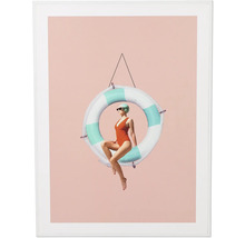 Gerahmter Kunstdruck mit einer Frau im Badeanzug, die auf einem Rettungsring sitzt