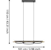 Hängeleuchte mit drei Ringen und Abmessungen 110 cm Höhe und 101 cm Breite