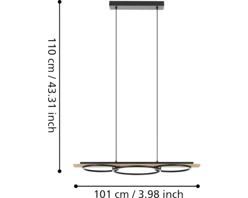 Hängeleuchte mit drei Ringen und Abmessungen 110 cm Höhe und 101 cm Breite