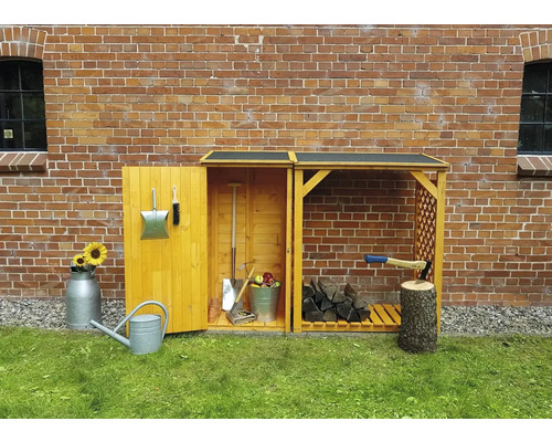 Kaminholzkombination, Kaminholzunterstand inkl. Geräteschrank Speyer 192 x 68 x 148 cm honigbraun