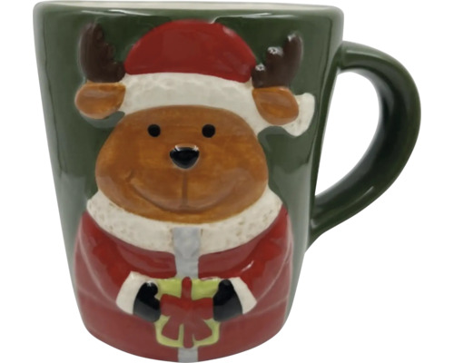 Tasse mit Elchmotiv und Weihnachtsmannmütze