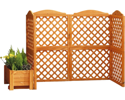 Holzzaun mit Rankgitter und Blumenkasten für den Garten