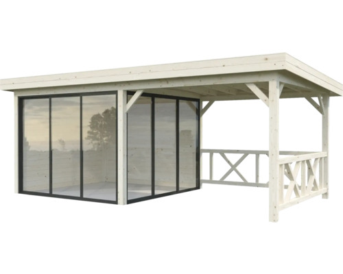 Holzpavillon mit Glaswänden für den Garten