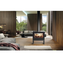 Modernes Wohnzimmer mit freistehendem Kaminofen, Sofas und großen Fenstern.