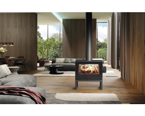 Modernes Wohnzimmer mit freistehendem Kaminofen, Sofas und großen Fenstern.