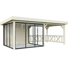 Holzpavillon mit Glasschiebetüren und offenem Anbau