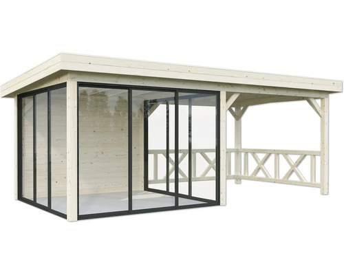 Holzpavillon mit Glasschiebetüren und offenem Anbau