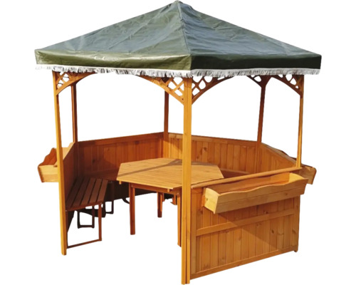 Holzpavillon mit Tisch, Sitzbänken und Überdachung