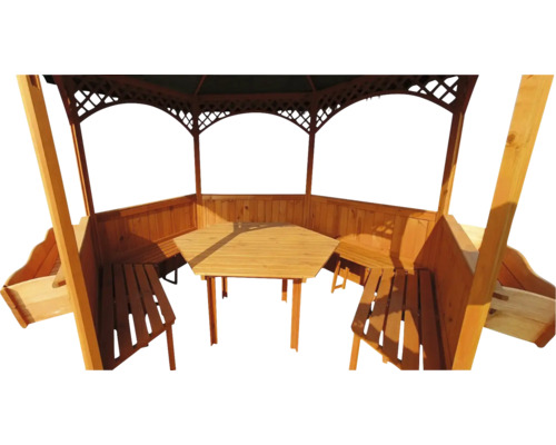 Holzpavillon mit Tisch und Bänken