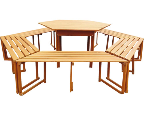 Holz Gartentisch mit sechseckiger Tischplatte und integrierten Sitzbänken