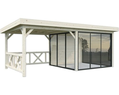 Holzpavillon mit Glaswänden