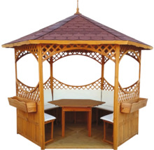 Holzpavillon mit Dach, Tisch, Sitzbänken und Blumenkästen