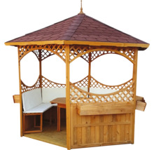 Holzpavillon mit Dachschindeln, Sitzbank und Tisch
