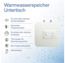 Warmwasserspeicher zur Untertischmontage mit Thermostat und Frostschutzfunktion