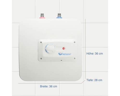 Kleine Warmwasseranlage mit den Maßen 36 x 36 x 28 Zentimeter