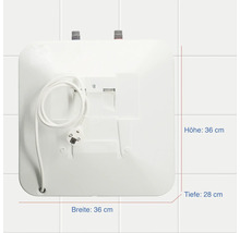 Dimensionen eines Warmwasserspeichers: 36 cm hoch, 36 cm breit und 28 cm tief
