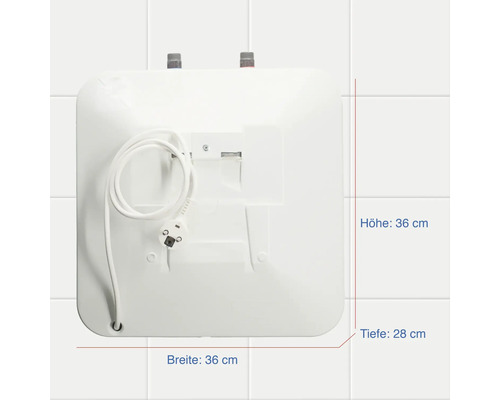 Dimensionen eines Warmwasserspeichers: 36 cm hoch, 36 cm breit und 28 cm tief