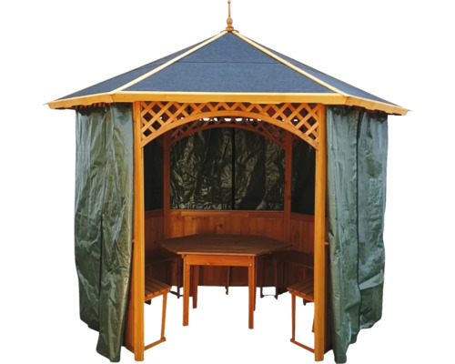 Gartenpavillon mit Tisch, Bänken und Vorhängen