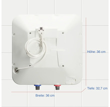 Rückansicht eines Warmwasserbereiters mit den Maßen 36 cm Höhe, 36 cm Breite und 32,7 cm Tiefe