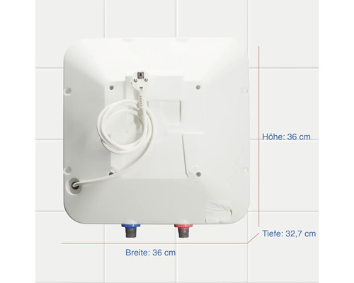 Rückansicht eines Warmwasserbereiters mit den Maßen 36 cm Höhe, 36 cm Breite und 32,7 cm Tiefe