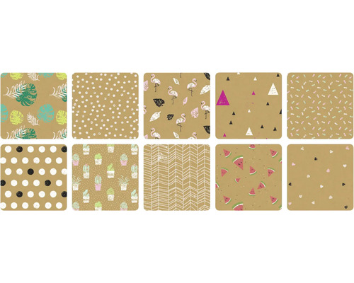 Zehn Musterbögen mit verschiedenen Motiven, darunter Blätter, Punkte, Flamingos, Dreiecke, Kakteen, Wassermelonen, Herzen und geometrische Muster.
