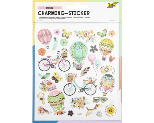 Charming Sticker spring Frühlingsaufkleber mit Fahrrädern, Heißluftballons, Blumen und Tieren