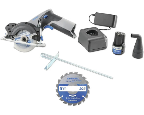 Dremel Akku-Kreissäge mit Zubehör wie Akku, Ladegerät, Sägeblatt und Führung