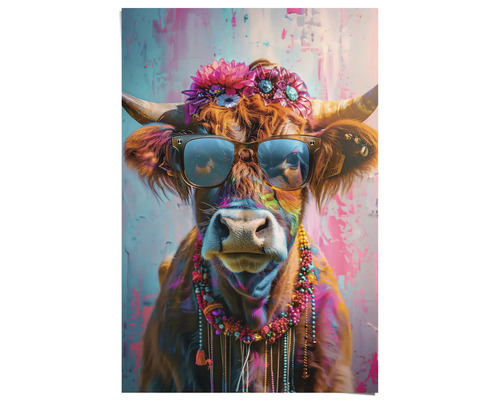 Poster mit einer Kuh, die Sonnenbrille und Blumenschmuck trägt