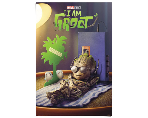 I am Groot Poster mit Groot der Kopfhörer und eine Brille trägt