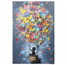 Gemälde mit einem Kind in einem Korb unter einem Ballon aus Schmetterlingen