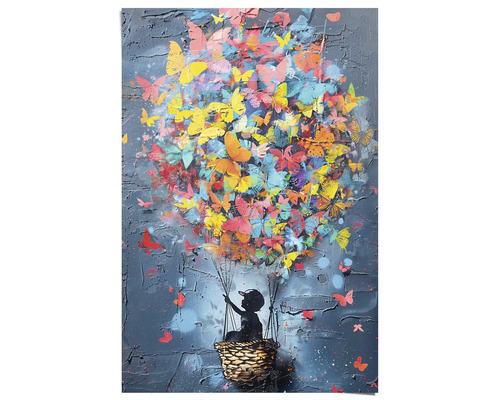 Gemälde mit einem Kind in einem Korb unter einem Ballon aus Schmetterlingen