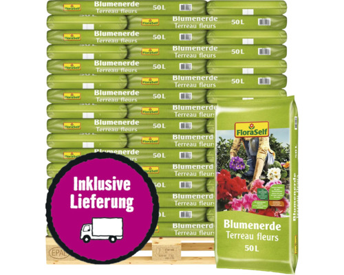 Blumenerde FloraSelf 48x50 L (= 2,4 m³) Palette inkl. Lieferung Stapel Säcke Blumenerde 50 Liter mit Lieferservice