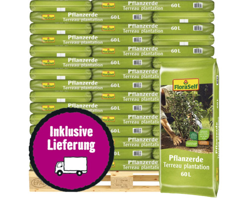 Pflanzerde FloraSelf 45x60 L (= 2,7 m³) Palette inkl. Lieferung Palette Pflanzerde 60 Liter mit Liefersymbol