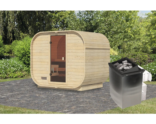 Fasssauna Außensauna Karibu Quadrado 1 Plus 9 kW Ofen u.integr.Steuerung mit bronzierter Ganzglastüre Holzfasssauna mit Saunaofen im Außenbereich