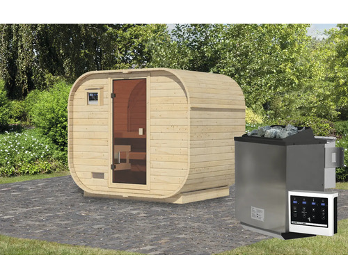 Fasssauna Außensauna Karibu Quadrado 1 Plus 9 kW Bio Ofen u.ext.Steuerung mit bronzierter Ganzglastüre Holzfasssauna mit Saunaofen und Steuerung