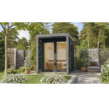Garten mit einer modernen Sauna aus Holz und Glas